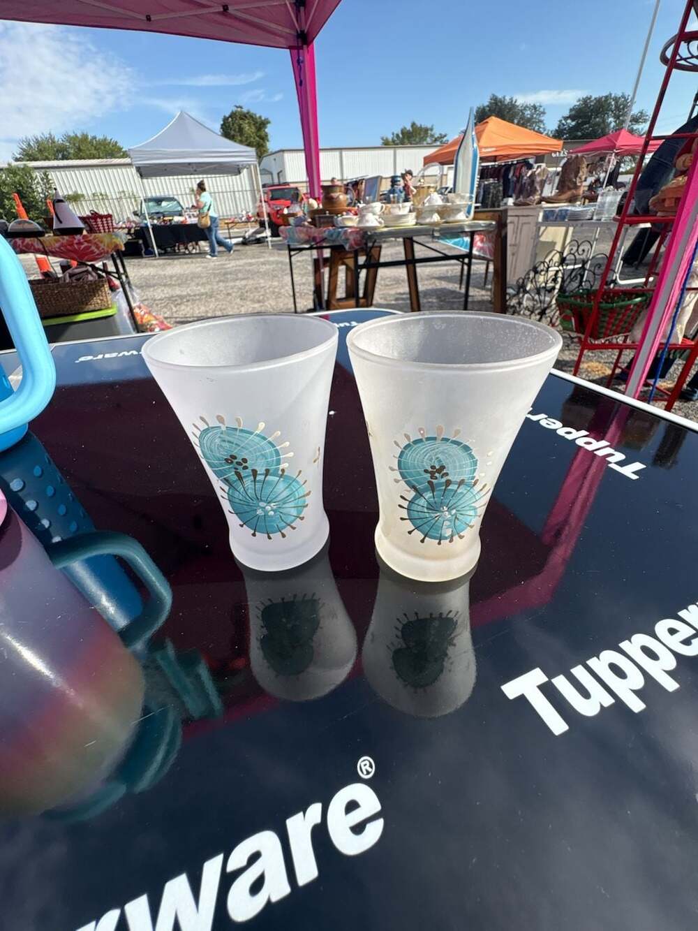 IKEA Vintage Frosted Tumblers Set of 2 Turquoise Sunburst Atomic